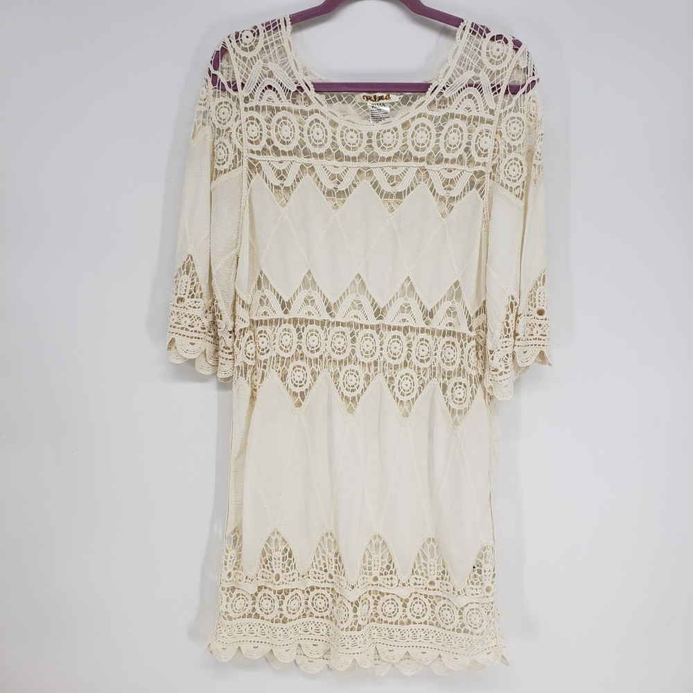 Rima Crochet Lace Swim Cover Up Dress Womens M Cream Boho Cotton Festival Sheer